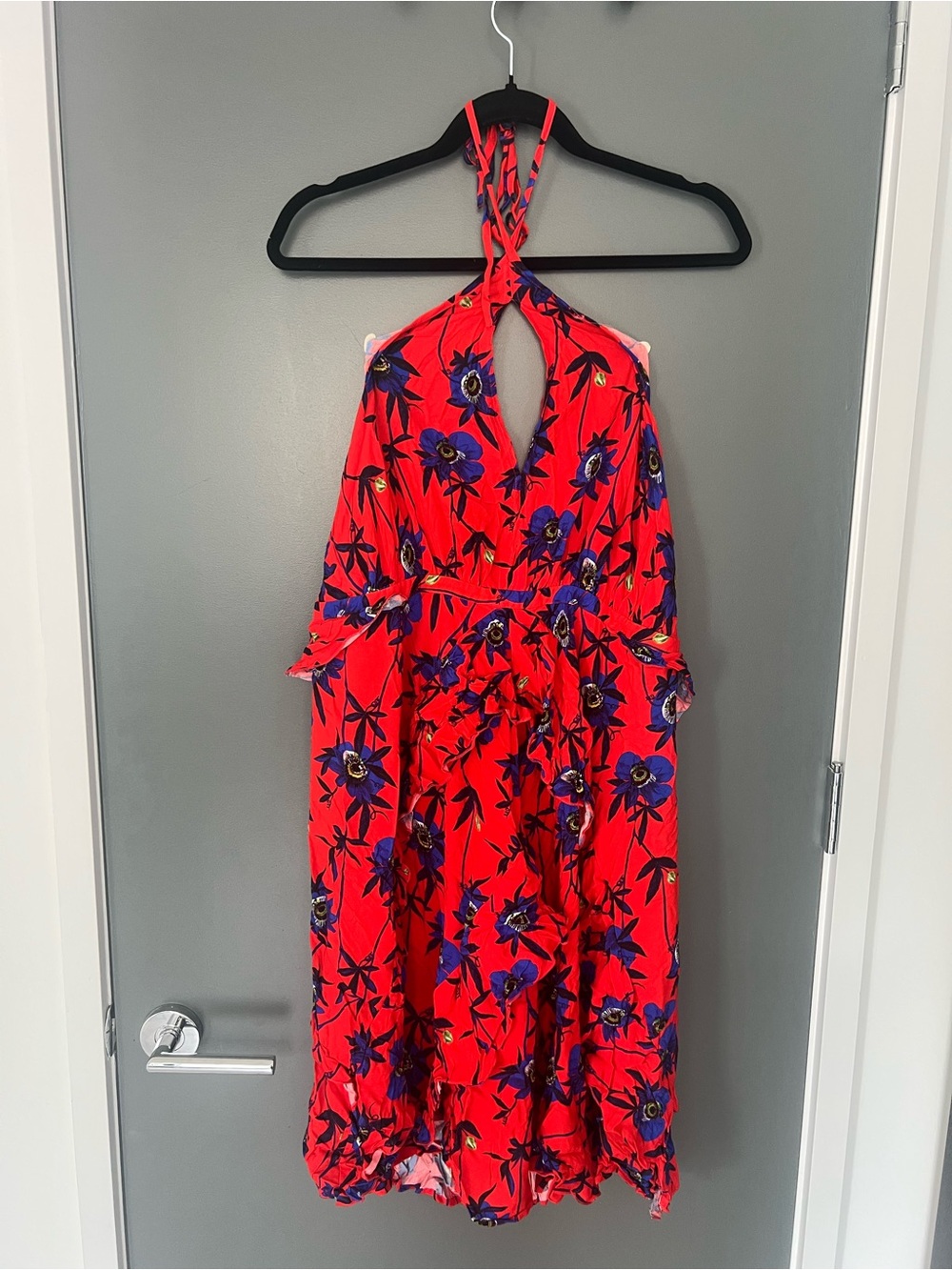 H&M Red One-Shoulder Floral Sundress with Blue Accents